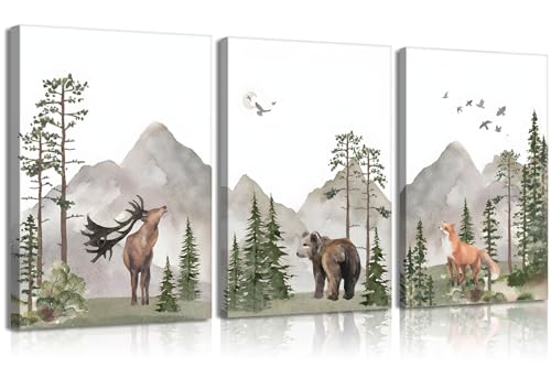Image of YBARTZQ Set of 3 Framed Woodland Nursery Canvas Wall Art Wild Animals Posters Prints Adventure Theme Forest Deer Bear Fox Watercolor Pictures Paintings for Boys Room Girls Room Wall Decor 12x16in