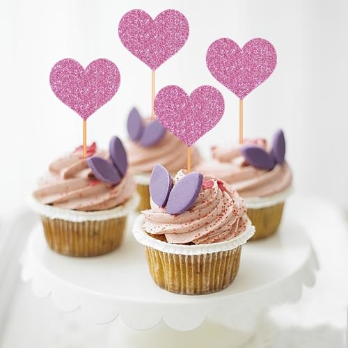 Blopee Heart Cupcake Toppers, 12Pcs Pink Cupcake Toppers, Heart Princess Party Decorations cover