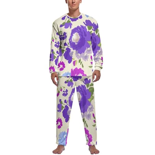 Ensemble de pyjama homme fleurs violettes, vêtement de nuit élégant avec pantalon long