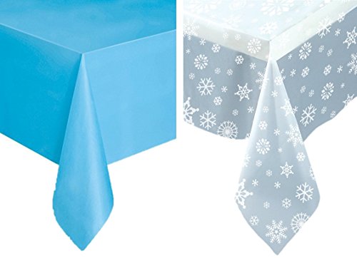 kedudes Snowflakes Winter Plastic Tablecloth Set - One Clear Snowflakes Table Cover and One Solid Light Blue Plastic Tablecloth, Great for Holiday Frozen Party. Tablecover.
