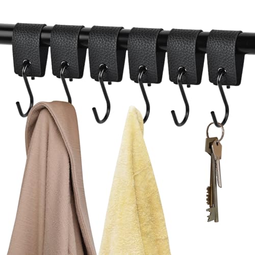 Anseom Crochet S en Cuir 6 Pcs, Crochet Suspendre avec Boucle en Cuir Crochets pour Vêtements Noirs crochets pour Poussettes, crochet de Camping Noir pour Cuisine, Salle de Bain, Chambre et Bureau