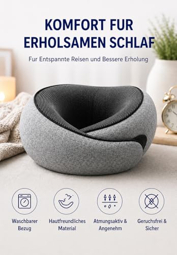 Wagxoey Coussin de nuque en mousse à mémoire de forme, coussin de voyage ergonomique avec support à 360° pour avion, voiture, train et bureau, avec masque de sommeil, bouchons d'oreille et sac de – vue 6