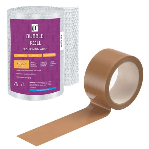 Image of IJI Bubble Wrap Heavy-Duty 60 GSM Packing Material Roll & 50M Brown Tape (1M x 5M)