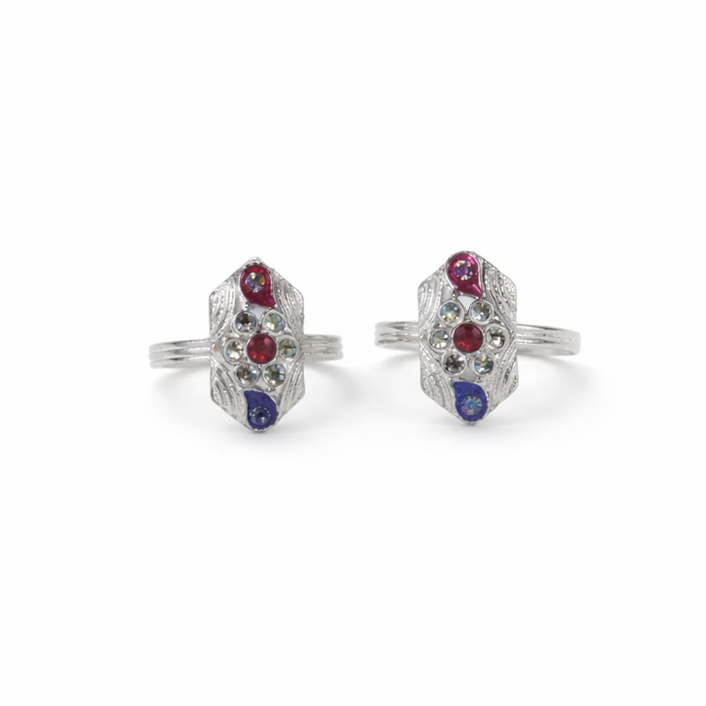 anuradha Plus Jewellery fancy silver finish floral design with a multi stone stud adjustable bicchiya/feet accessories/leg finger ring/Bichudi/Jodvi/ 1 pair for women.-picture-19