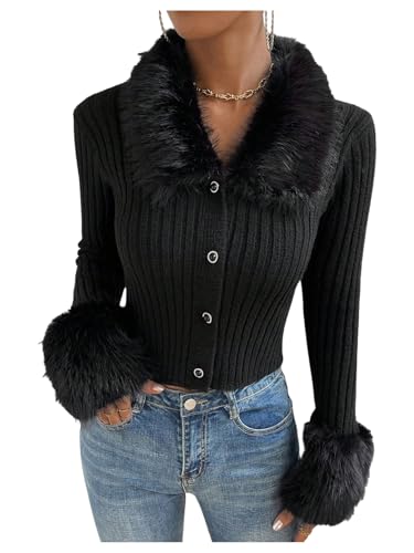 WDIRARA Womens Fuzzy Button Down Cardigan Sweaters Faux Fur Collared Long Sleeve Knit Outerwear Black X-Small