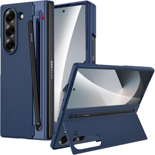 Miimall Kompatibel mit Samsung Galaxy Z Fold 6 Hülle mit S-Pen & Stifthalter [HD Displayschutz] Ultradünn PC Stoßfest Schutz Hülle Kickstand Case für Galaxy Fold 6 2024-Dunkelblau