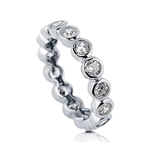 TwoBirch Platinum Plated Sterling Silver Bezel Set Round Cut Moissanite Eternity Ring (GRA CERTIFIED) (3 MM)3