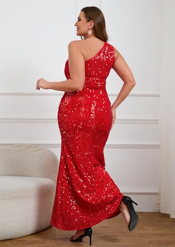 VERWIN Plus Size Sequins Fashion Sleeveless Oblique Collar Mermaid Women\'s Maxi Dress Evening Dress Party Dress Bodycon Dress Red XXL