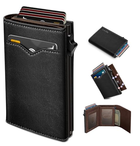 miyozi Wallet for Men,with Cash Pocket 2 ID Window 9-13 Cards,Metal Case Smart Slim Pop Up Credit Card Holder Flip with Magnetic Closure RFID Blocking Trifold wallet with Gift Box