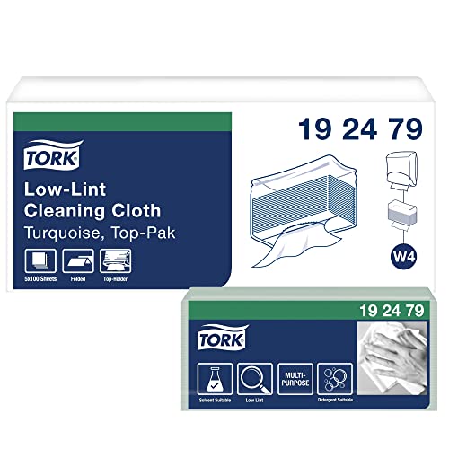Tork Low-Lint Disposable Cleaning Cloth Turquoise W4 Interfold, 5 x 100 Cloths, 192479
