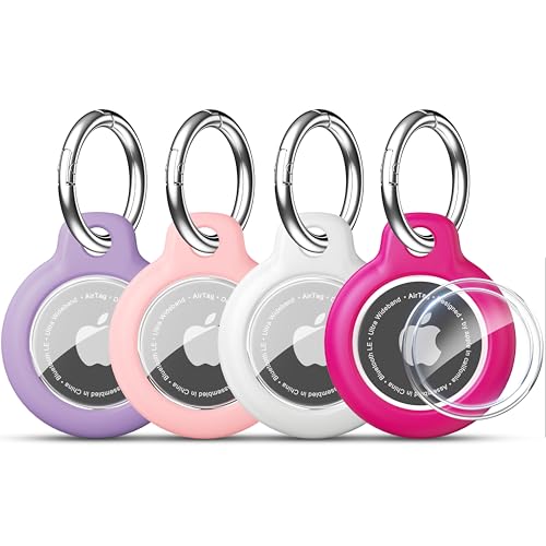 Image of RFUNGUANGO Apple AirTag Holder with Key Ring 4 Pack AirTag Case, Hard Protective AirTag Case for Kid, Pet, Luggage, Backpack, Key - Purple /Rose Red /Pink /White