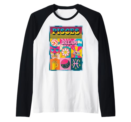 Horóscopo retro colorido del zodiaco de Piscis Camiseta Manga Raglan