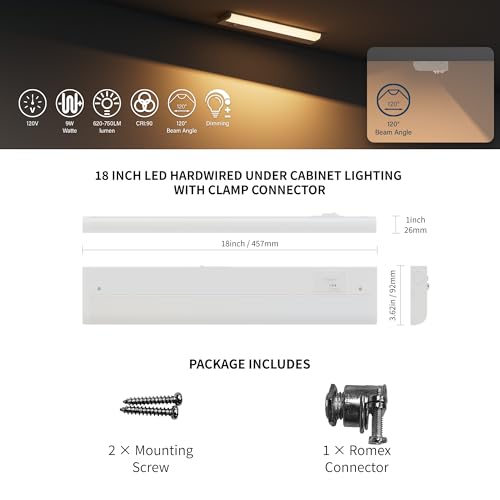Image of ZAGO 18 Inch LED Hardwired Under Cabinet Lighting with Clamp Connector, 5CCT Switchable, Undercounter Led Lights for Kitchen, 120V, 9W, 620-750LM, ETL & Damp Rated, White, 4 Packs