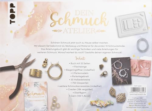 TOPP Die wunderbare Kreativbox Schmuckatelier. Anleitungsbuch (32 S.), Flachzange, Biegeringöffner, Perlennadeln, Perlenlegebrett, über 800 Perlen und Schmuckaccessoires