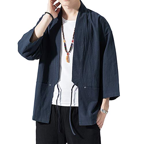 Seidarise Men\'s Kimono Traditional Japanese Clothing Male Cardigan Noragi Jacket Yukata Coat Haori Navy