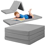Folding Chair Bed, Tri-Fold Z Bed Foam Mattress & Kids Footstool Cube, 8cm Foldable Portable Futon Sofa Bed with Carry Handles, Water-Resistant, for Sleepovers, Guests, Living Room/Bedroom (Grey)