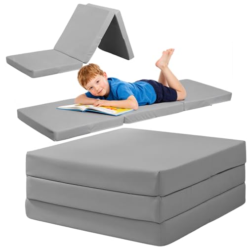 Folding Chair Bed, Tri-Fold Z Bed Foam Mattress & Kids Footstool Cube, 8cm Foldable Portable Futon Sofa Bed with Carry Handles, Water-Resistant, for Sleepovers, Guests, Living Room/Bedroom (Grey)