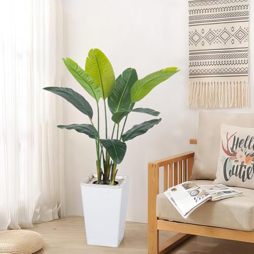 Bird of Paradise Artificial Plant 4FT, Faux Tropical Palm Tree with White Tall Planter, Large Fake Plants in Pot - Artificial Tree for Home Office Living Room Decor Indoor