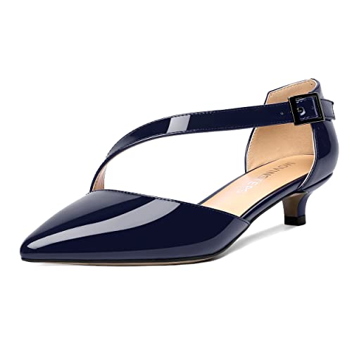 MOVINSTEPS Womens Cute Adjustable Strap Buckle Pointed Toe Dating Patent Kitten Low Heel Pumps Shoes 1.5 Inch