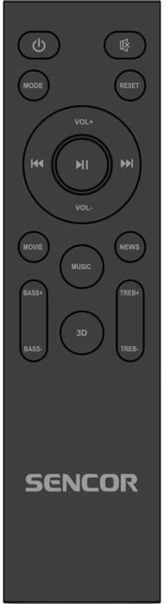 SENCOR Soundbar SSB 4450BS remote control with buttons for power, mode, volume, playback, sound presets (Movie, Music, News, 3D), bass, and treble adjustments.