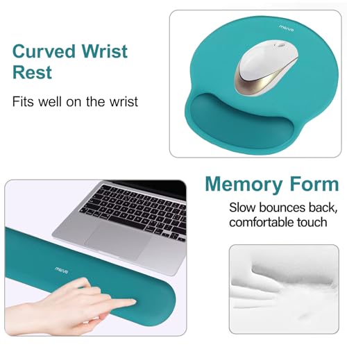 Image of MOSISO Wrist Rest Support for Mouse Pad&Keyboard Set, Circle Curved Ergonomic Mousepad&Coaster Non-Slip Base Home /Office Pain Relief&Easy Typing Pad with Soft Cloth&Raised Memory Foam, Teal Green