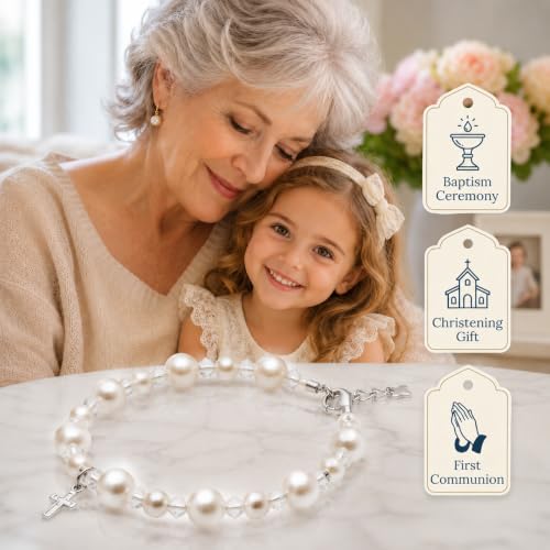 Image of Baby Crystals Sterling Silver Cross Charm | White Pearl Baptism Bracelet