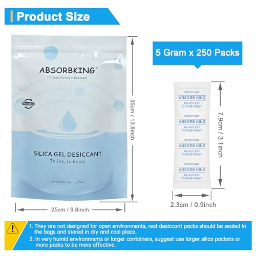Moisture Absorbers – 250 Packs 5 Gram Silica Gel Packs Food Grade Desiccant Packs, Premium Desiccant Packets for Storage, Color Indicating Silica Gel for Spices, Jewelry, Shoes, Electronics, Tool Box