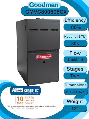 Goodman 3 TON 13.4 SEER2 Upflow R-32 AC System with 80% AFUE 80k BTU two stage Low NOx furnace (GLXS3BN3610 condenser with GMVC800805CX furnace and CAPFA4226B3 coil)