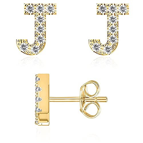 Image of Initial Stud Earrings for Girls 18K Gold Plated CZ Simulated Diamond Stud Earrings Hypoallergenic Earrings for Women (J)