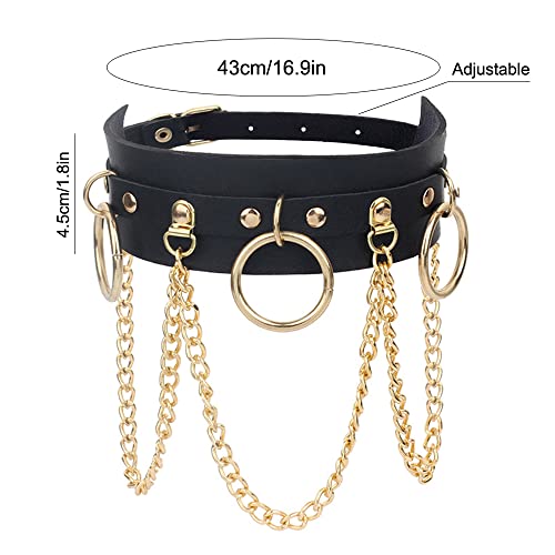 Yijunmca PU Leder Halskette O-Ring Damen Choker Punk Style Leather Halsband Nieten Collar Cosplayer Halsreif Verstellbarer Kragen Kette für Frauen Halloween Party Zubehör, Gold
