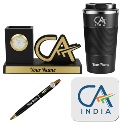 Image of Giftana 2 in 1 Personalized Desk Table Organizer with Pen Gift Set for Doctors, Customized Pen Stand Table Clock & Calendar, Customised New Year Corporate Gift Set for Employee (4 in 1 CA Symbol)