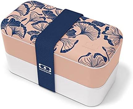 monbento - Bento Box MB Original Ginkgo with Compartments Made in France - 2 Tier Leakproof Lunch Box for Work/School and Meal Prep - BPA Free - Food Grade Safe - Japanese Pattern - Pink & Blue