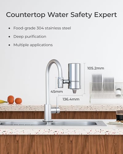 Waterdrop WD-FC-06 Wasserfilter Wasserhahn aus Rostfreiem Stahl, Kohleblock Wasserfiltersystem, Leitungswasserfilter, Entfernt Chlor, Schwermetalle und Schlechten Geschmack (1 Filter Enthalten)