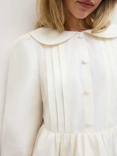 CIDER Mini Dress Peter Pan Collar Long Sleeve Babydoll Smock Cotton Middle Waistline Party Casual Dress2