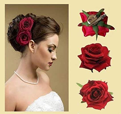 Image of Tia Crafts White Hawaii Plumeria Flower & Red Rose Flower Hair Clips for Women and Girls | Floral Hair Accessories for Wedding, Haldi, Mehendi, Festival, Party, Bridal Bun Decoration | Pack of 2