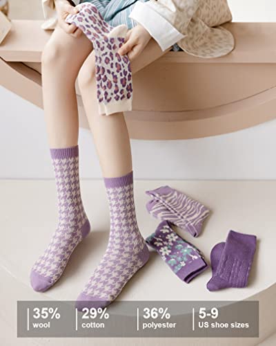 Image of IIG 5 Pairs Womens Pretty Vintage Wool Socks Unique Print Design Soft Cozy Warm Crew Socks Christmas Gift
