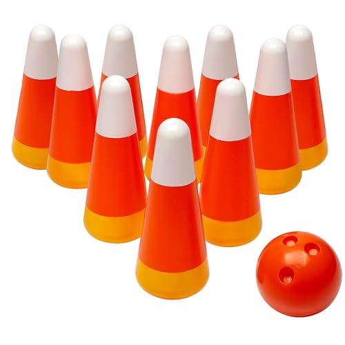 Fun Express Halloween Games for Kids Party - Candy Corn Pumpkin Bowling Set with 6 Pins & Ball | Fall Festival Games for Outdoor Trunk or Treat Activities & Carnival Events | Safe Plastic Design