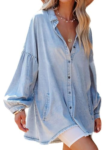 Image of loveimgs Women Oversized Distressed Denim Button Down Shirt Tunic Dress Flowy Mini Jean Dress with Pockets