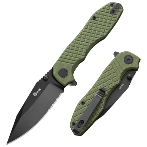 CVLIFE Folding Serrated Pocket Knife, 3.26" 14C28N Steel Blade, OD Green