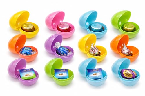 Prefilled Easter Eggs Mixed Easter Candy Assortment Chocolate Candy For Egg Hunt & Easter Party Favors Includes: Reese.sMiniature Peanut Butter Cups, Cadbur.yCaramel Egg, Classice RecipeMilk Chocolate & Hazelnut Pieces, HersheyCandy Kisses, Lind.tChocolate Truffles