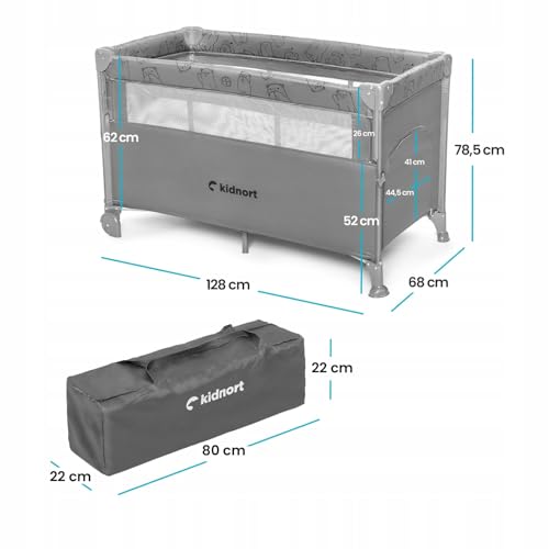kidnort Naste 3-in-1 Reisebett Baby 120x60 cm Beistellbett, Laufstall & Zusatzbett bis 15 kg, faltbar & leicht, inkl. Komfortmatratze, Seiteneingang, Befestigungsgurte, Tragetasche, Hellgrau