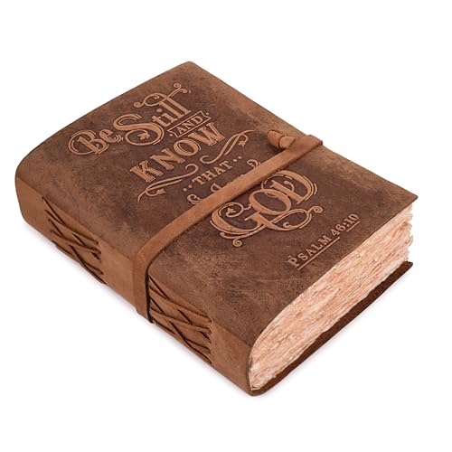 LEATHER VILLAGE Vintage Leather Journal with Psalm 46:10 Bible Verse Embossed Christian Prayer Journal for Women & Men – 200 Pages Handmade Cotton Deckle Edge Watercolor Paper-Vintage Brown-10X7 inches