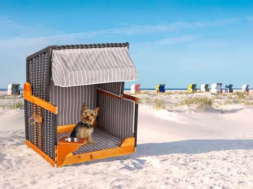 Woodtex Hundestrandkorb Kieferholz |Hundehütte anthrazit inkl. Schützhülle schwenkbarer Wasser-/Futternapf|Sonnenschutz Hunde und Katzen |Rattan Schwarz mit weißen Nadelstreifen