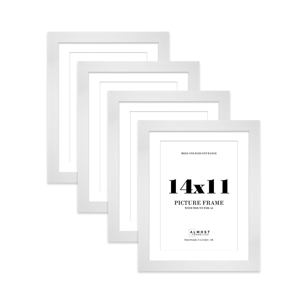 14x11 White Frame With Mount for A4 Pictures 28mm Edge Portrait and Landscape Display with Wall Hooks and Kickstand, 4 Pack