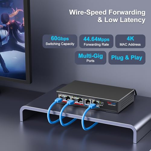 Image of 10Gb Ethernet Switch with 4 x 2.5GbE + 2 x 10GbE RJ45 Ports, VunLink 6 Port 10G /2.5G Multi-Gigabit Unmanaged Network Switch, Plug and Play, Fanless, Desktop /Wall-Mount, for Wireless AP, NAS, PC, Home