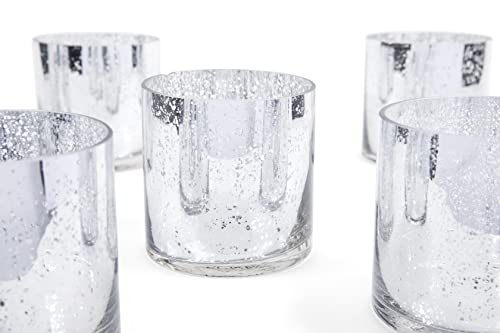 Koyal Wholesale Mercury Glass Cylinder Vases, 5 X 5 Inches, Short Floating Candle Centerpiece Hurricanes For Wedding, Flowers, Home Decor, Christmas, Set Of 6 Metallic Speckled Vases, Silver #TOP6