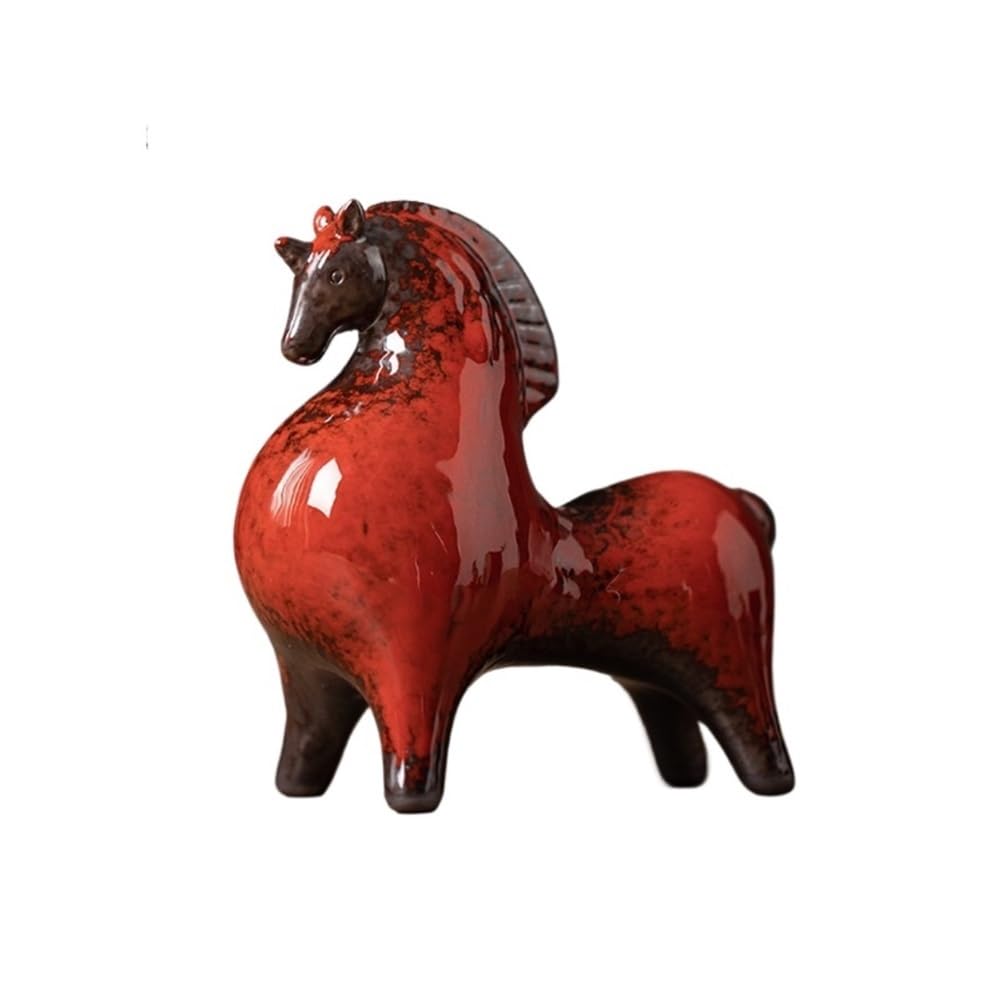 zhuyanbo007 Desk Statue, Ceramic Horse Ornament - Small Zodiac Desk Decor for Good Fortune(Red)