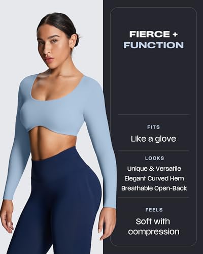 Image of Aoxjox Women's Define Sculpt Long Sleeve Crop Tops | buttery soft fabric,curved hem,hollow back, low support, removable pads, workouts,yoga,gym, daily wear