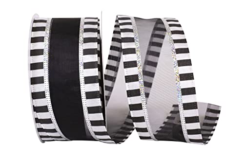 Reliant Ribbon 93884W-984-40J Beetlejuice Ticking Sheer Wired Edge Ribbon, 2-1/2 Inch X 25 Yards, Black/White