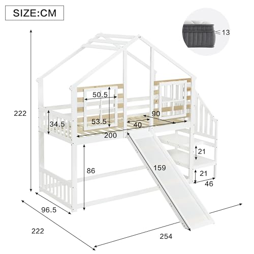 Aoskem Kinderbett Etagenbett 90x200, Hochbett Hausbett Holzbett mit Treppe & Rutsche, Bettgestell mit Rausfallschutz und Gitter, Bett mit 1x Lattenrost, Bettrahmen aus Massivholz, Ohne Matratze, Weiß